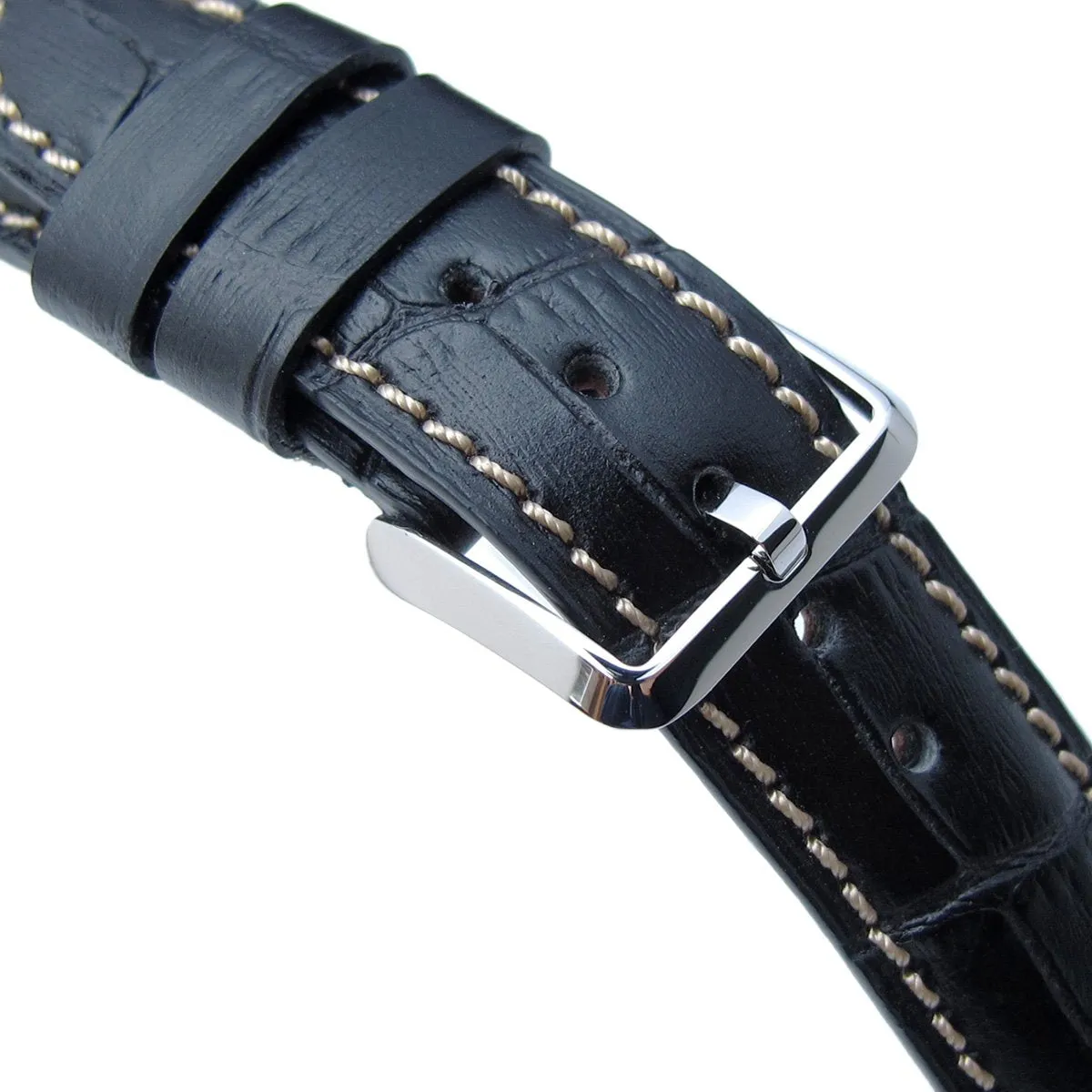 20mm or 22mm CrocoCalf (Croco Grain) Matte Black Semi-Curved Watch strap, Beige Stitching, Polished Buckle