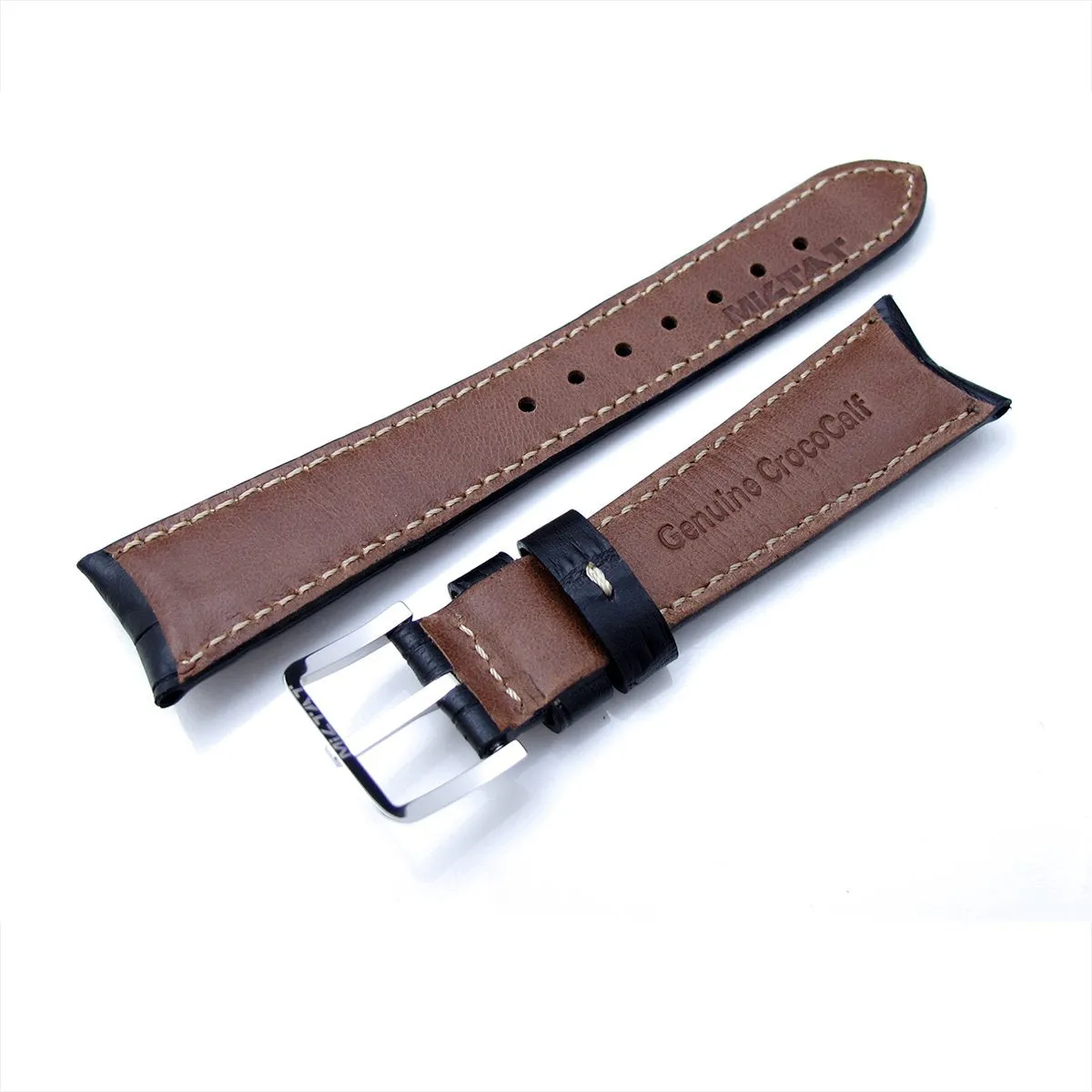 20mm or 22mm CrocoCalf (Croco Grain) Matte Black Semi-Curved Watch strap, Beige Stitching, Polished Buckle