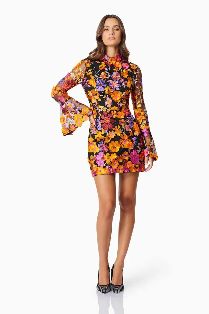 3D Floral Mini Dress with Fluted Sleeves - Orange Multi