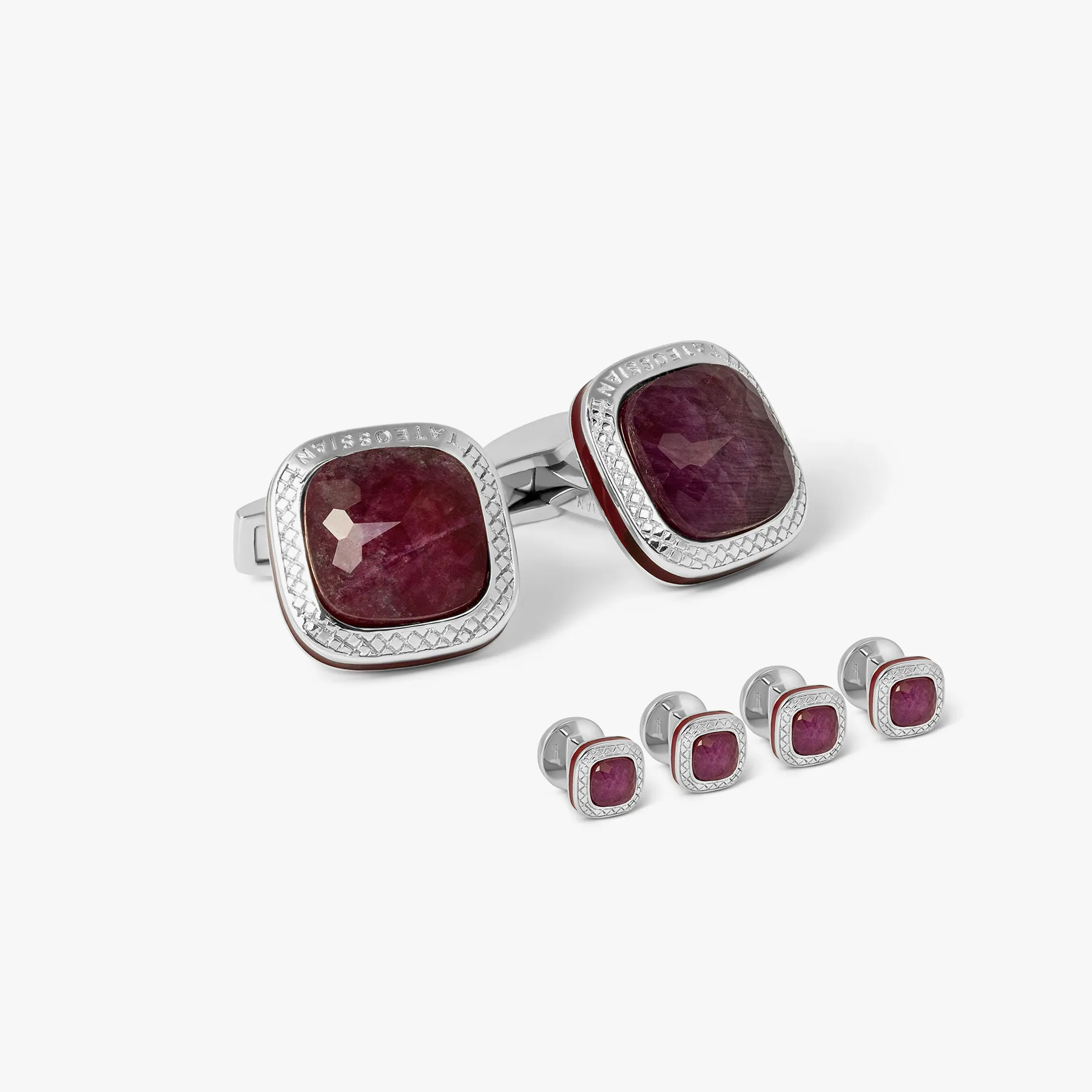 Doppione Cushion Square Cufflinks And Studs Set With Ruby In Rhodium Silver      