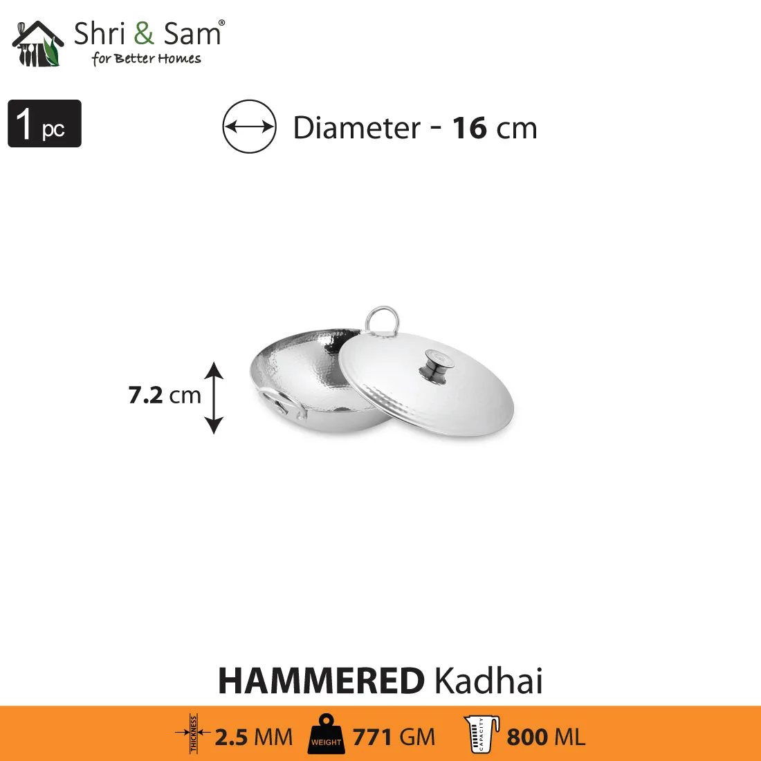 Engrave Stainless Steel Triply Deep Hammered Kadhai with SS Lid Pro