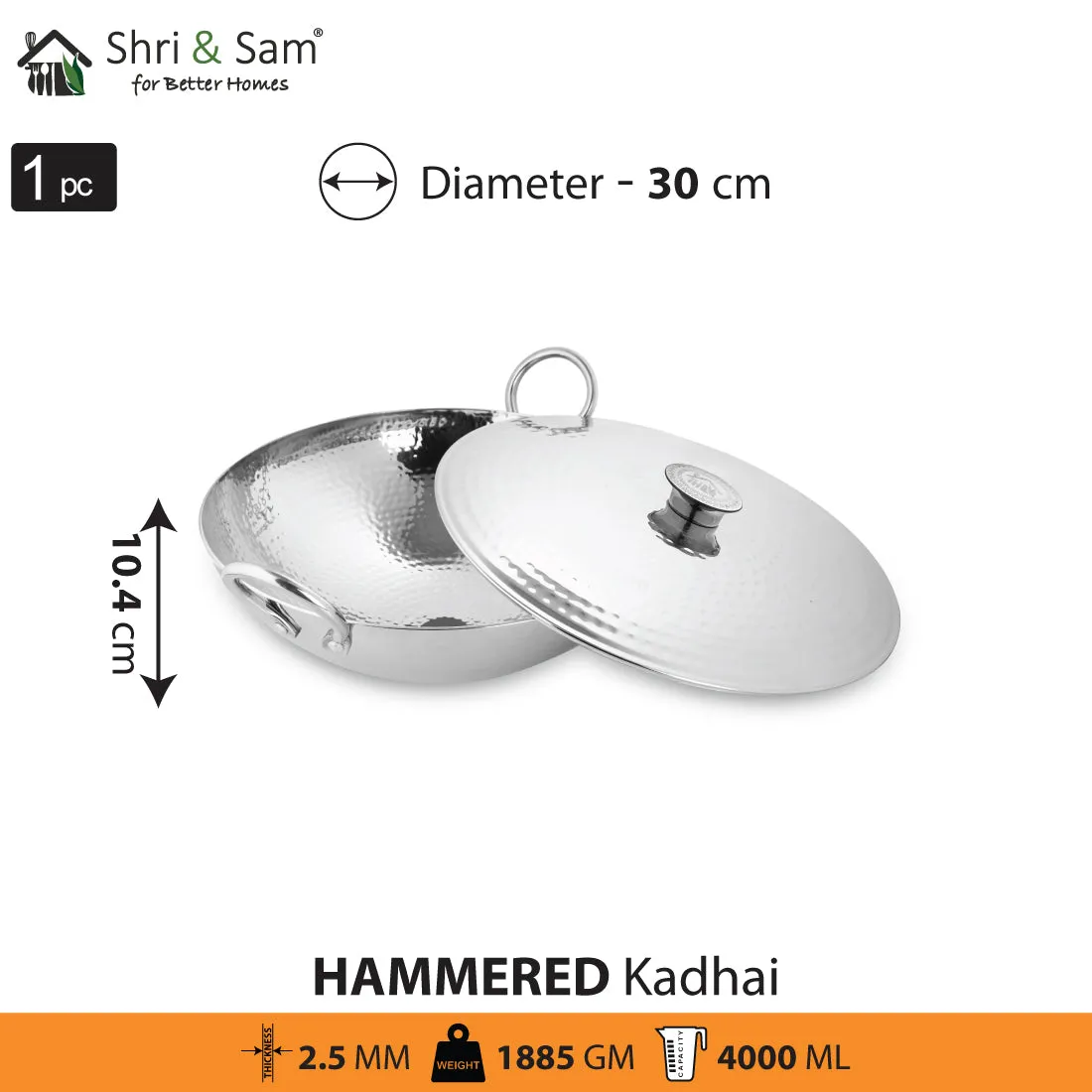 Engrave Stainless Steel Triply Deep Hammered Kadhai with SS Lid Pro