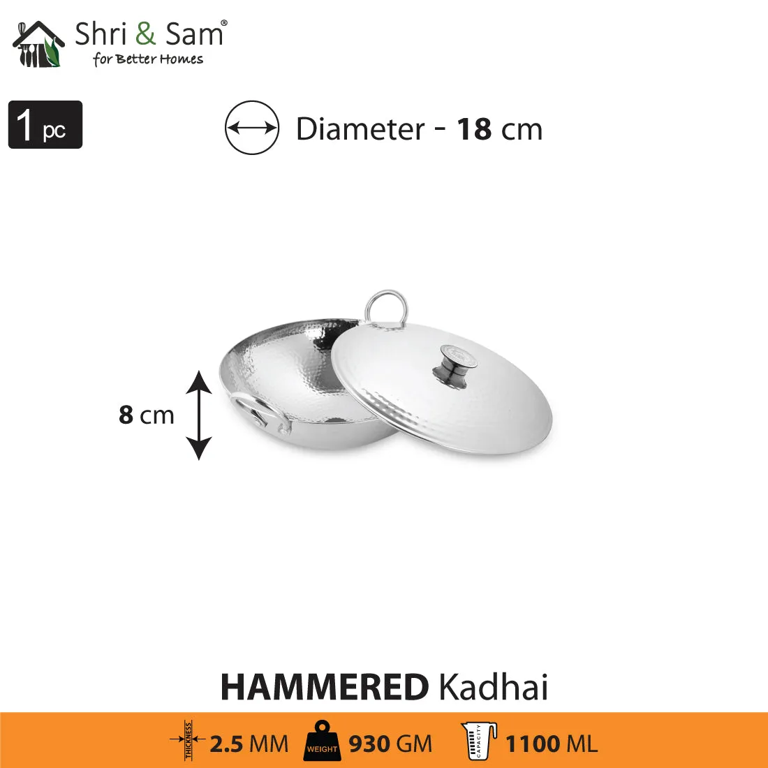 Engrave Stainless Steel Triply Deep Hammered Kadhai with SS Lid Pro