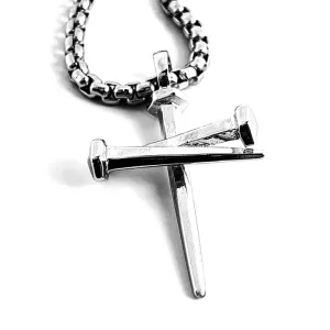 Nail Cross Pendant Necklace Rhodium Silver Finish Heavy Chain