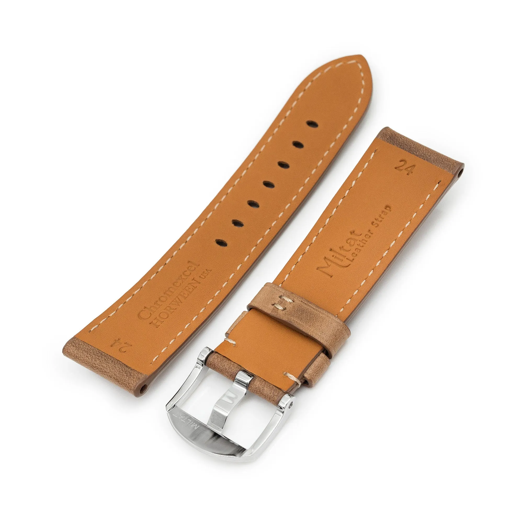 Pam Collection, Vintage Brown Horween Chromexcel Leather Watch Strap for Panerai, Beige Stitch.