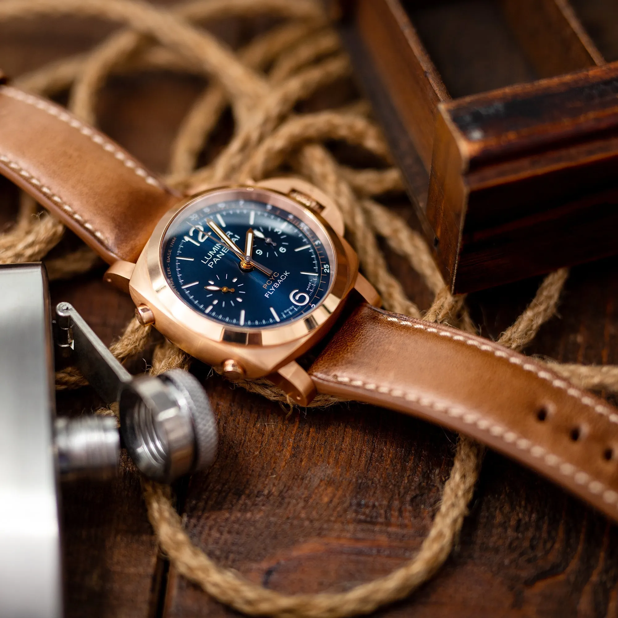 Pam Collection, Vintage Brown Horween Chromexcel Leather Watch Strap for Panerai, Beige Stitch.