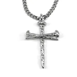 Rugged Antique Nail Cross Necklace Rhodium Silver Finish Chain