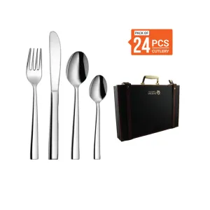 Stainless Steel 24 PCS Cutlery Set (6 Pcs Tea Spoon, 6 Pcs Dessert Spoon, 6 Pcs Dessert Fork and 6 Pcs Dessert Knife) with Leather Box Lotus Plain