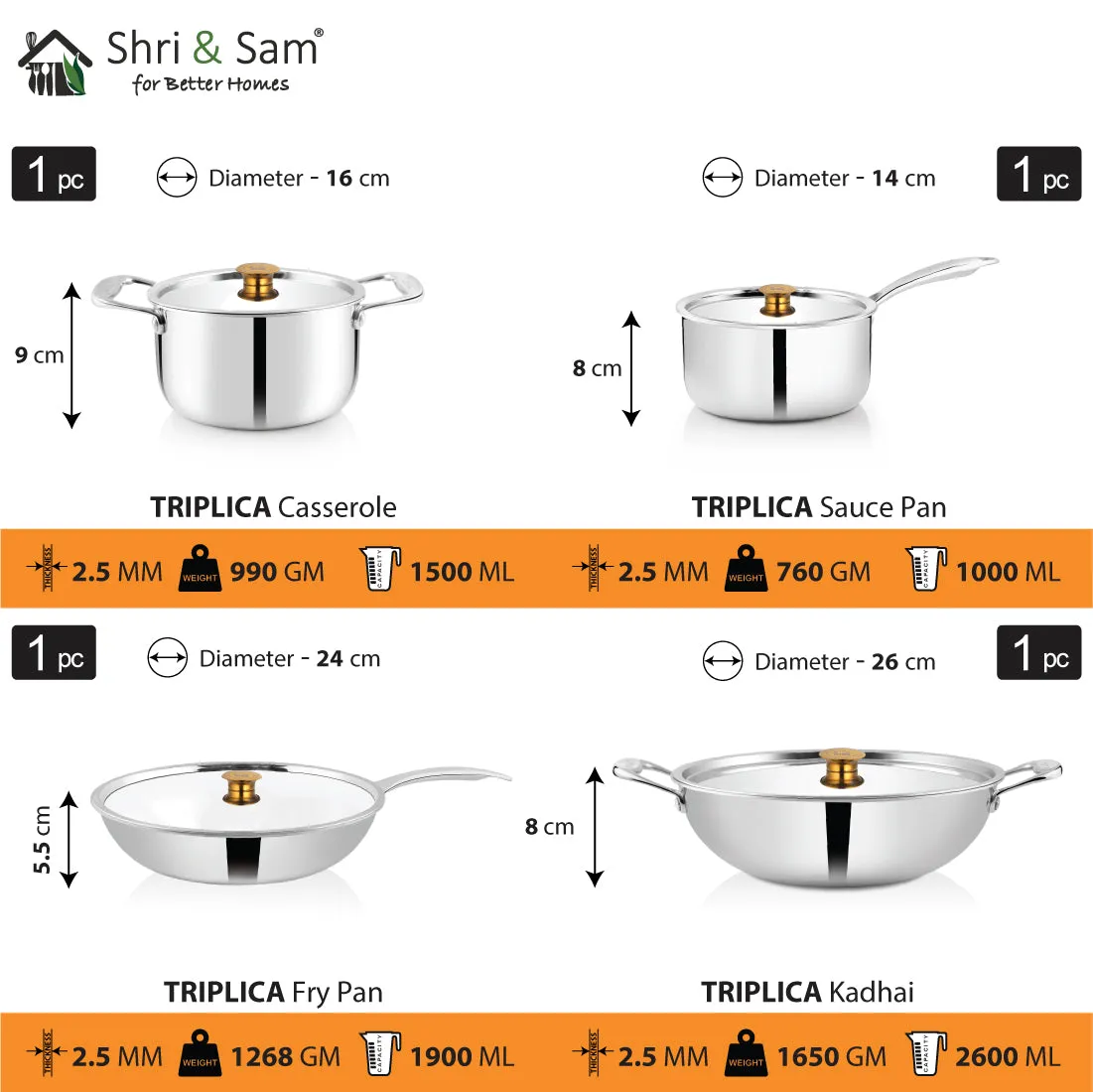 Stainless Steel 4 PCS Triply Cookware Set Triplica