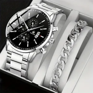 Stylish Mens Watch  Steel Bracelet Set Ideal Gift