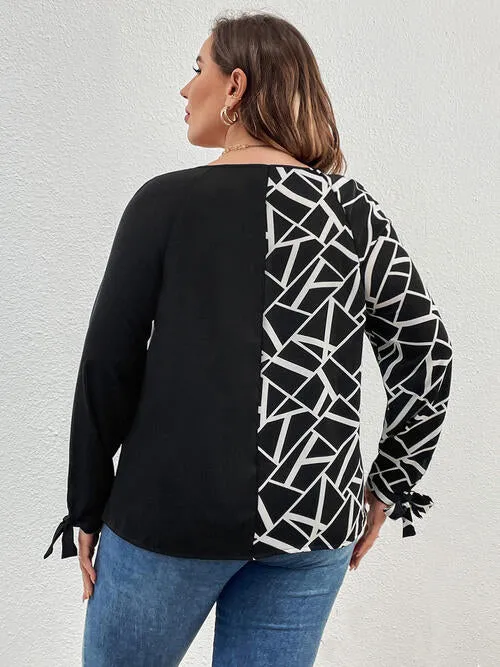 TEEK - Black Plus Size Geometric V-Neck Blouse