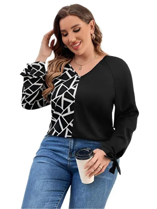 TEEK - Black Plus Size Geometric V-Neck Blouse