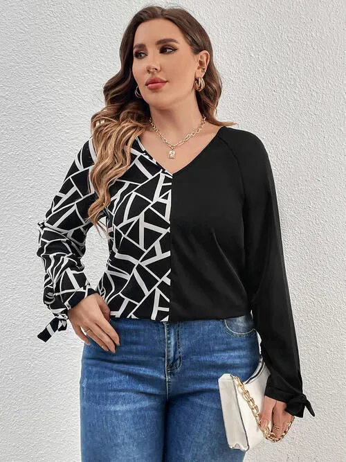 TEEK - Black Plus Size Geometric V-Neck Blouse