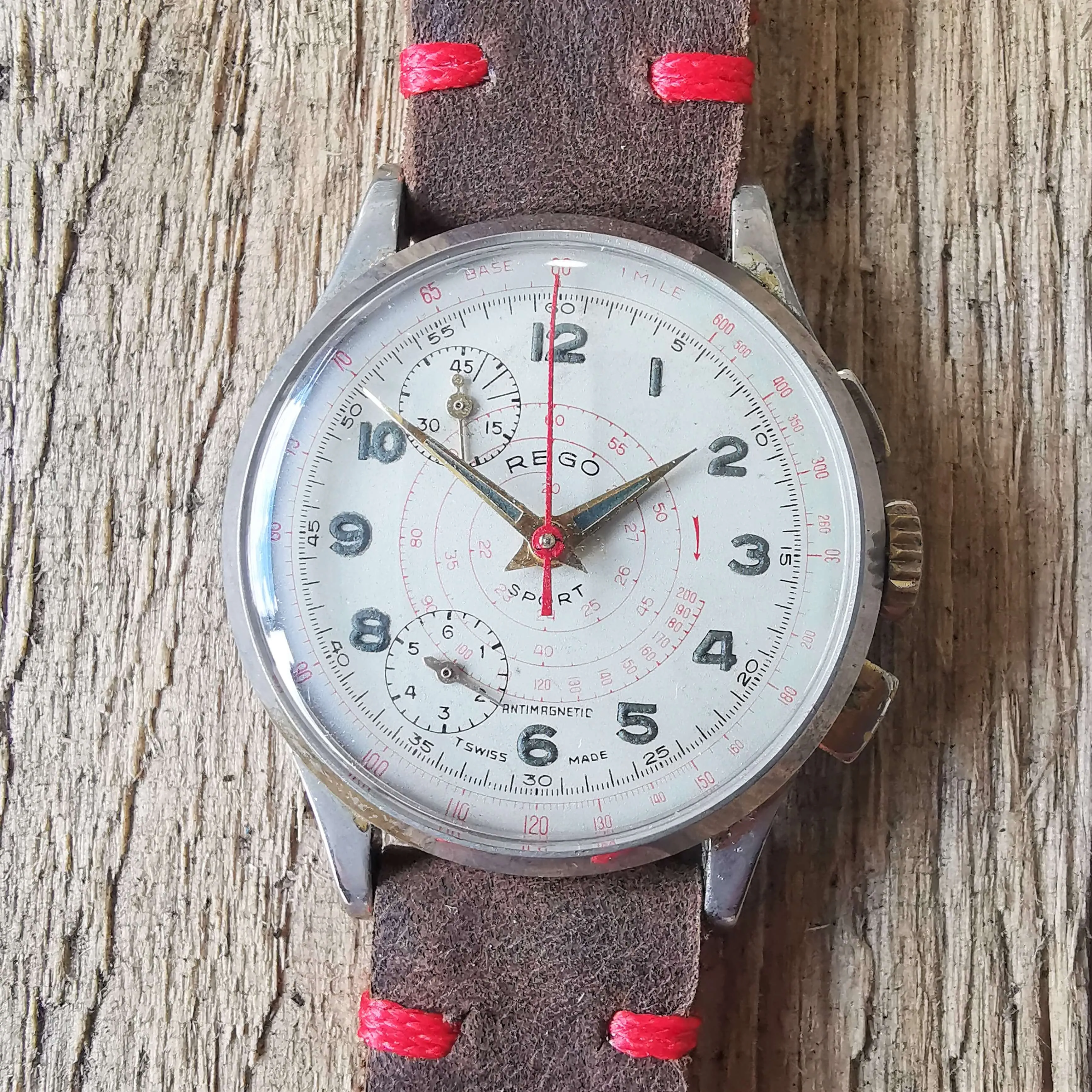 Vintage Men's Swiss REGO Sport Early 'Stop-Start' Chronograph Watch // With A handcrafted Genuine Leather Strap // And Two Subdials