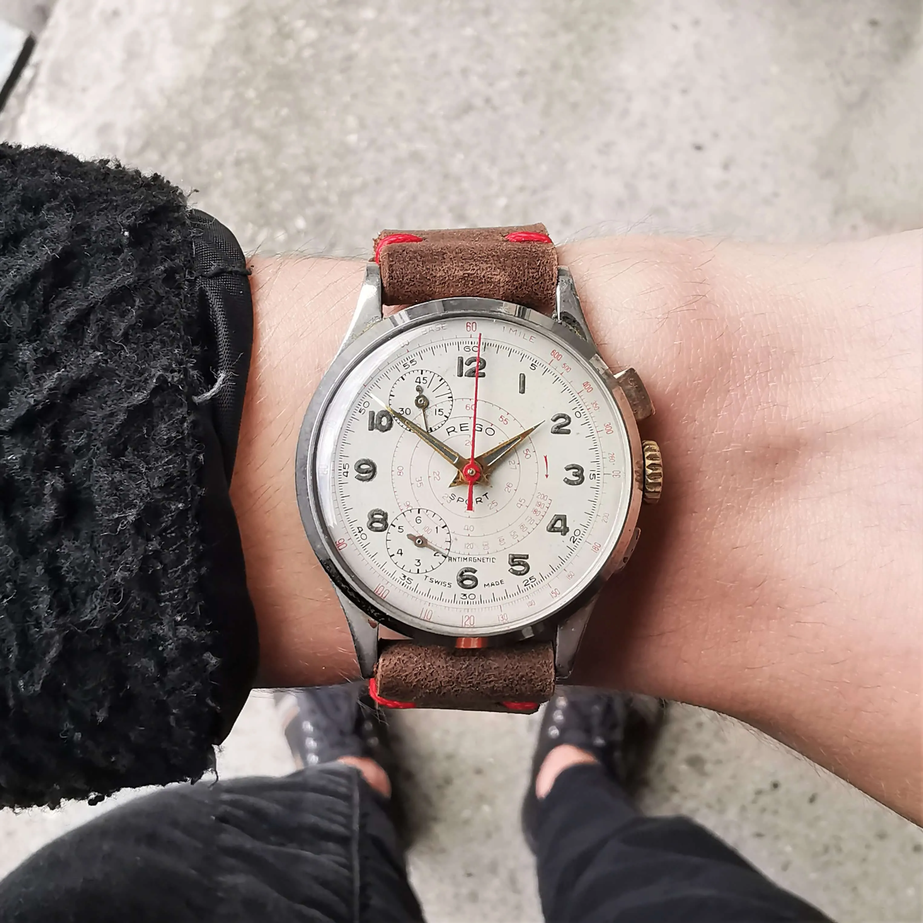 Vintage Men's Swiss REGO Sport Early 'Stop-Start' Chronograph Watch // With A handcrafted Genuine Leather Strap // And Two Subdials